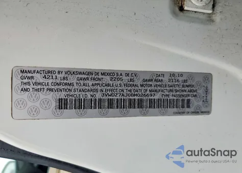 2011 Volkswagen Jetta Spor z USA, uszkodzony, nr VIN 3VWDZ7AJ0BM026697